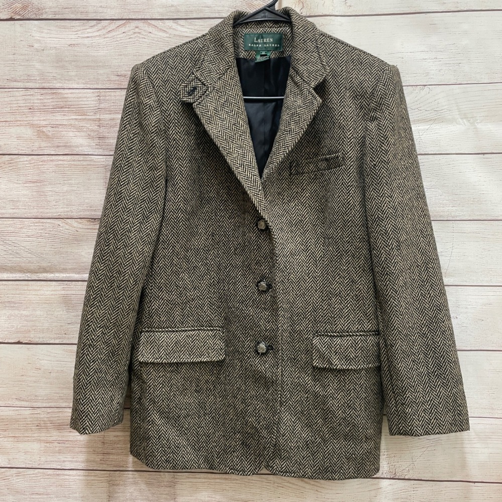 VINTAGE LAUREN RALPH LAUREN TWEED EQUESTRIAN 100% WOOL BLAZER IN HERRINGBONE - Picture 2 of 9